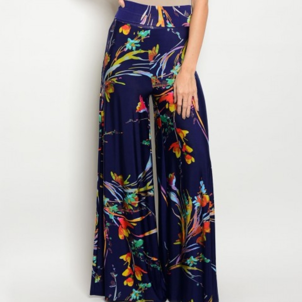 Navy Blue Floral High Waist Flare Pants